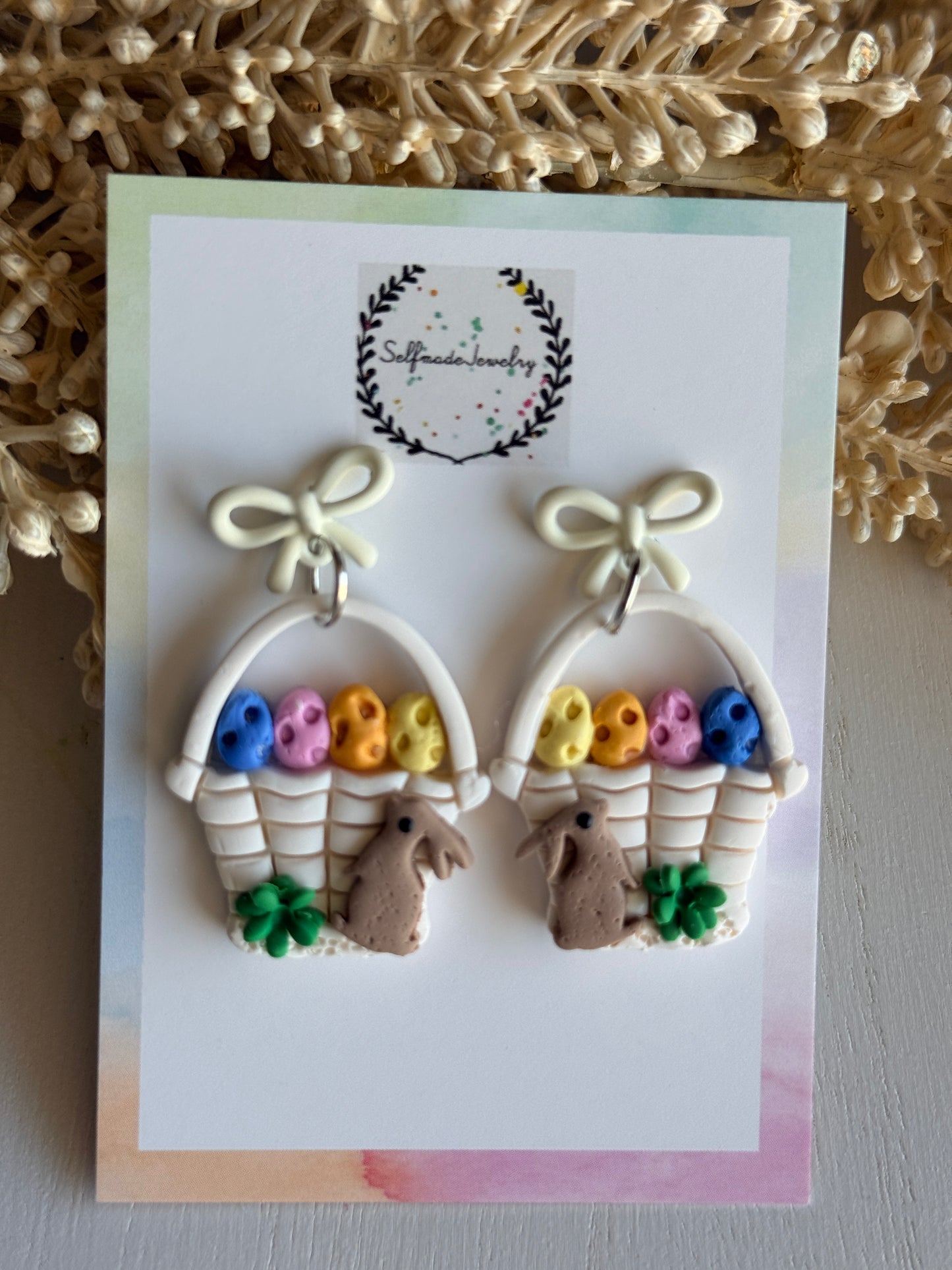 Polymer Clay Easter Basket Earrings, Bunny Eggs Dangles, Handmade Spring Jewelry, Bow Studs
