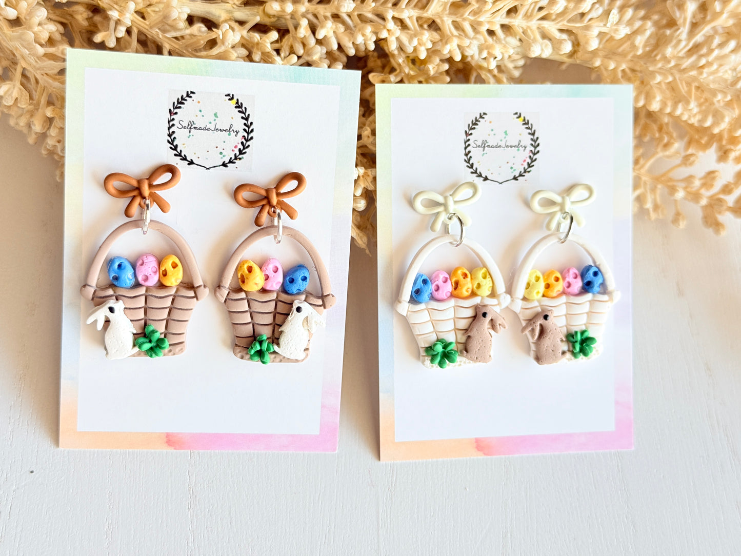 Polymer Clay Easter Basket Earrings, Bunny Eggs Dangles, Handmade Spring Jewelry, Bow Studs