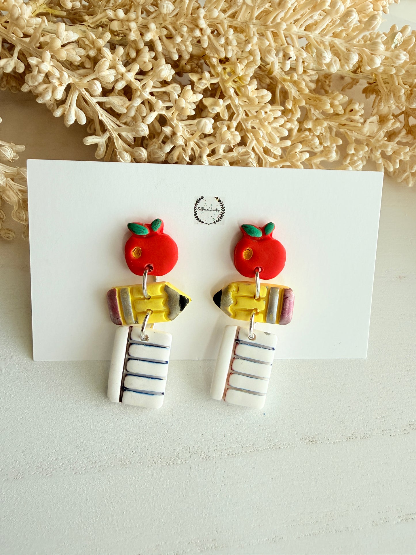 Handmade Polymer Clay Teacher Earrings, Apple Pencil Notebook Dangle, School Jewelry