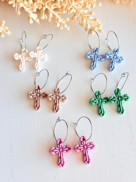 Polymer Clay Easter Cross Hoop Earrings | Handmade Christian Faith Jewelry