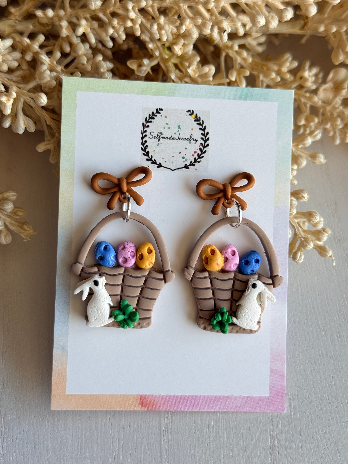 Polymer Clay Easter Basket Earrings, Bunny Eggs Dangles, Handmade Spring Jewelry, Bow Studs
