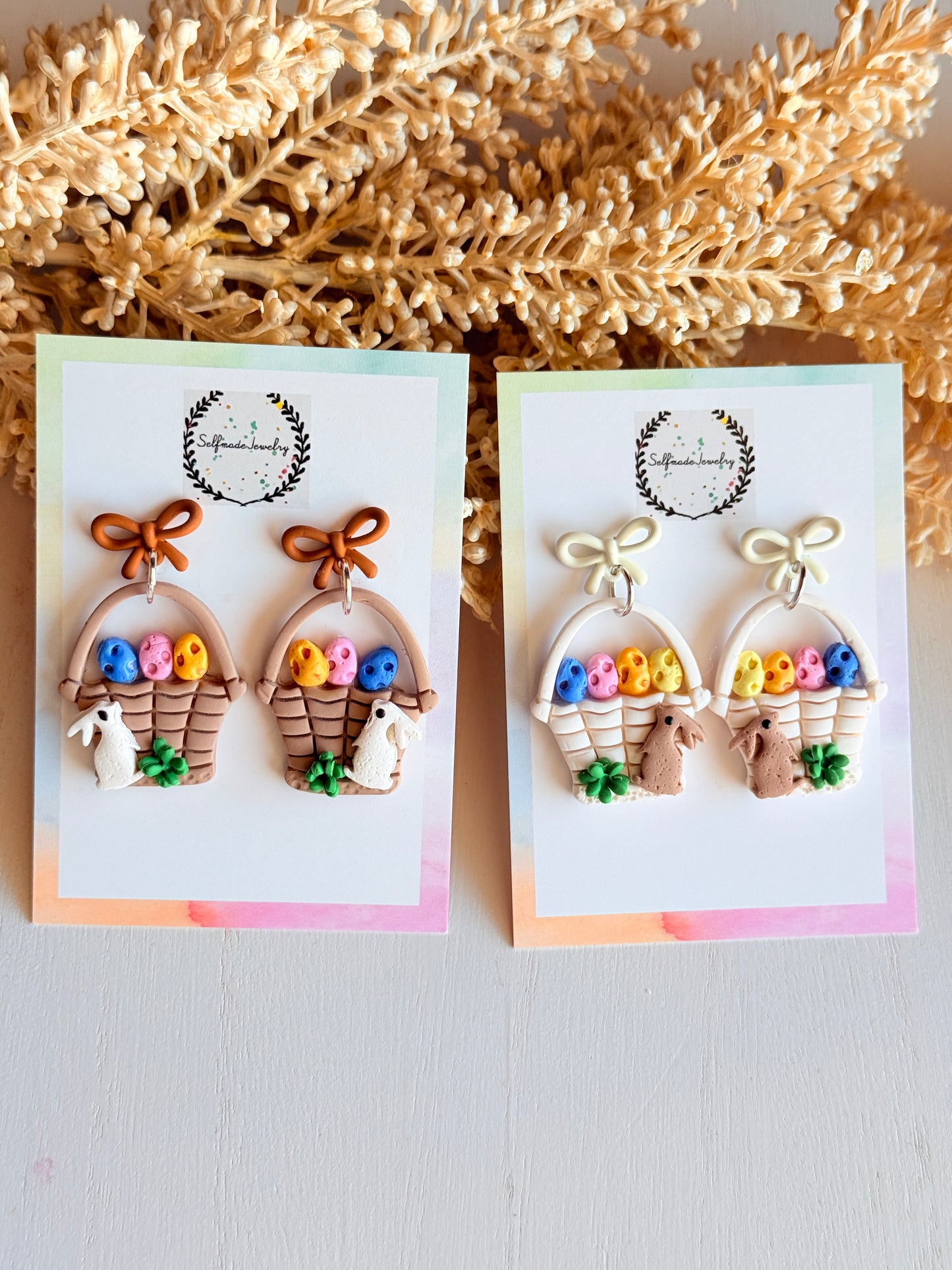 Polymer Clay Easter Basket Earrings, Bunny Eggs Dangles, Handmade Spring Jewelry, Bow Studs