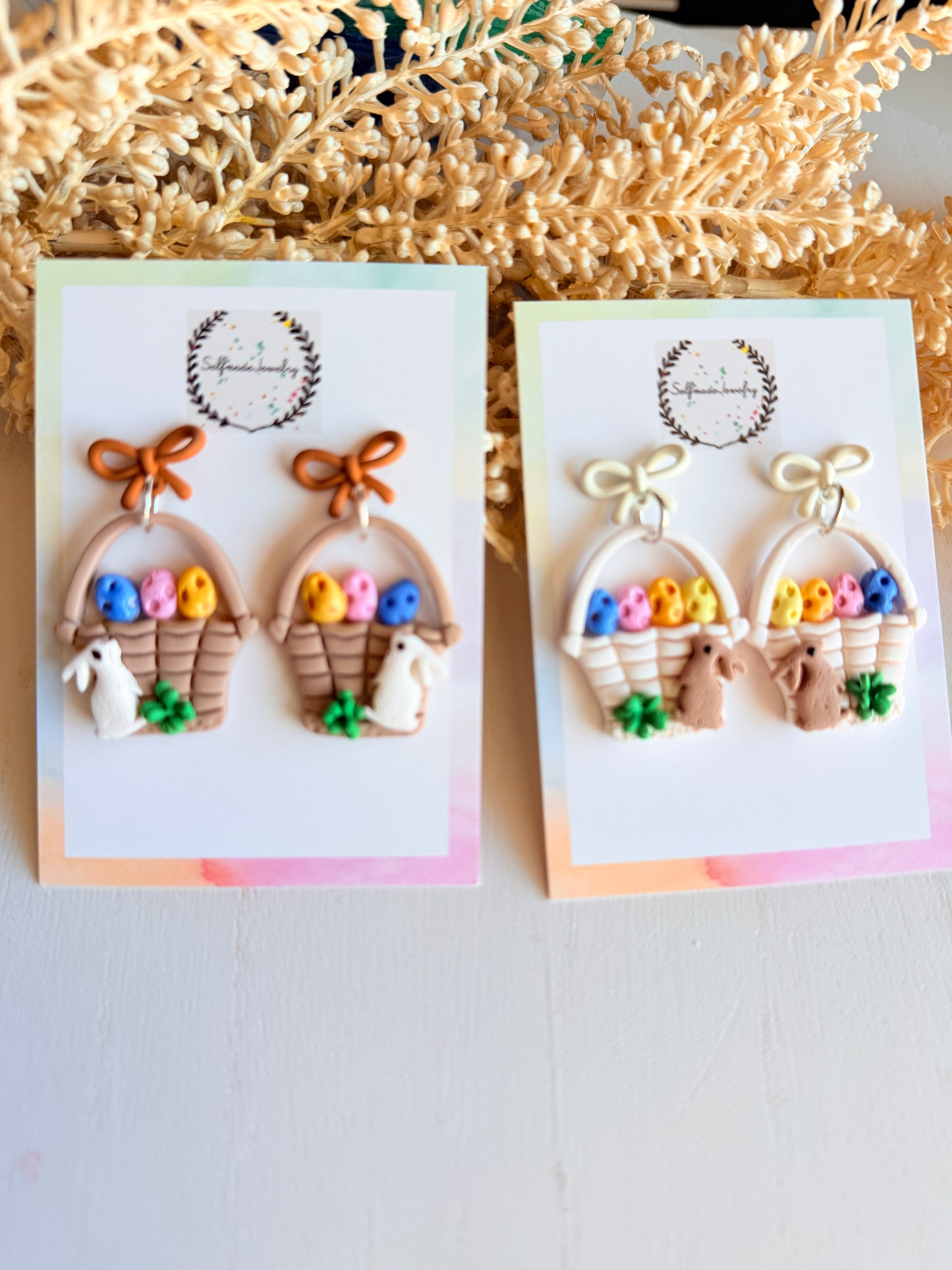 Polymer Clay Easter Basket Earrings, Bunny Eggs Dangles, Handmade Spring Jewelry, Bow Studs
