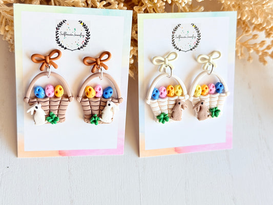Polymer Clay Easter Basket Earrings, Bunny Eggs Dangles, Handmade Spring Jewelry, Bow Studs