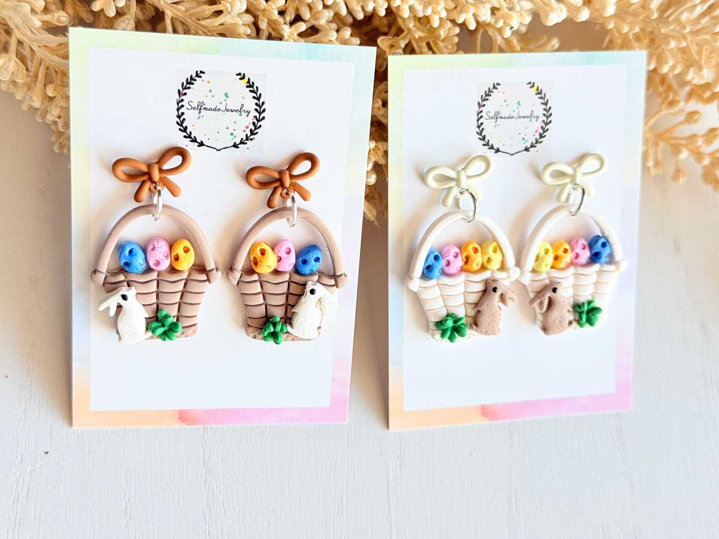 Polymer Clay Easter Basket Earrings, Bunny Eggs Dangles, Handmade Spring Jewelry, Bow Studs