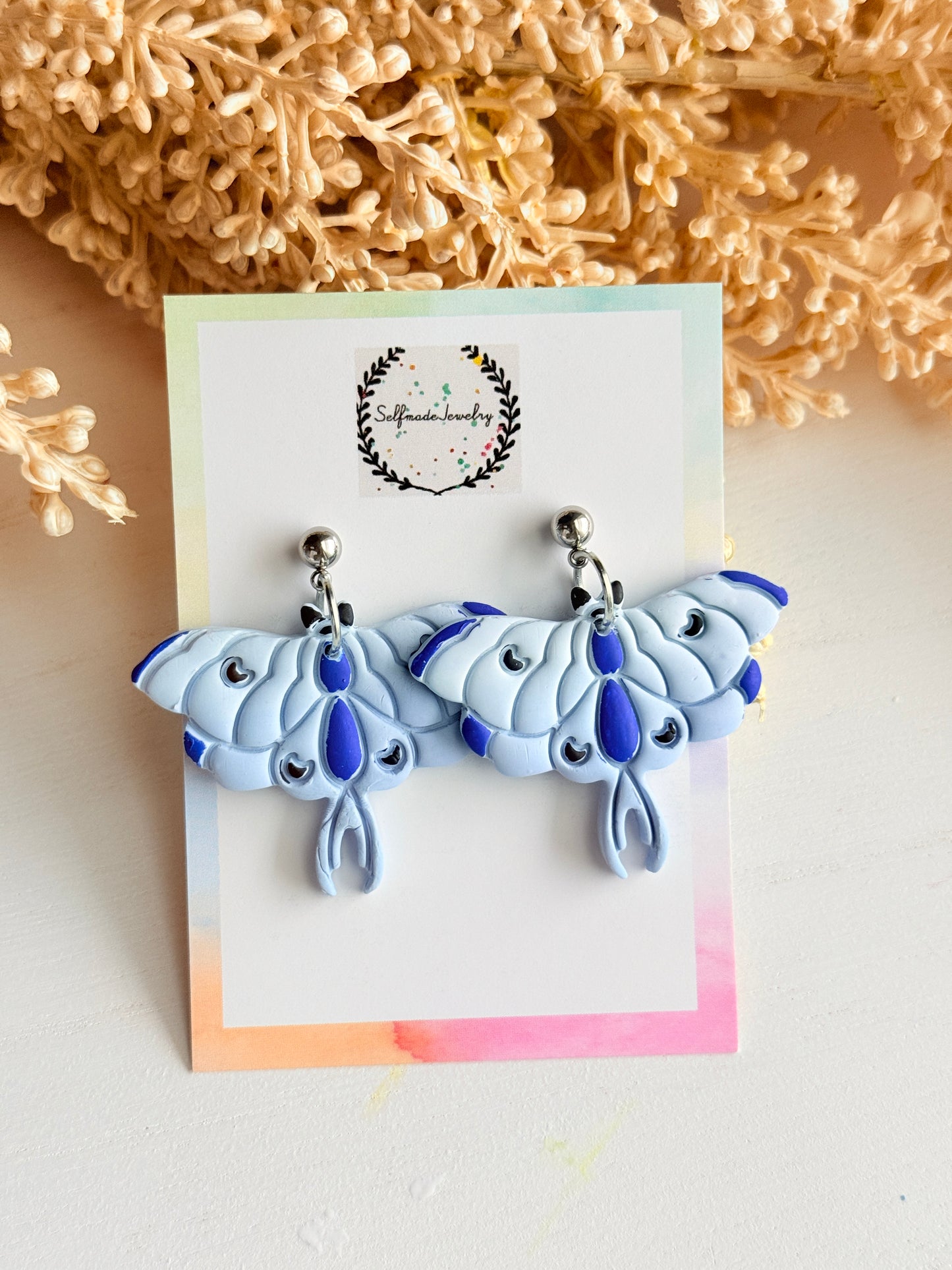 Handmade Polymer Clay Moth Earrings, Nature Inspired Dangles, Green Orange Blue White Statement Jewelry