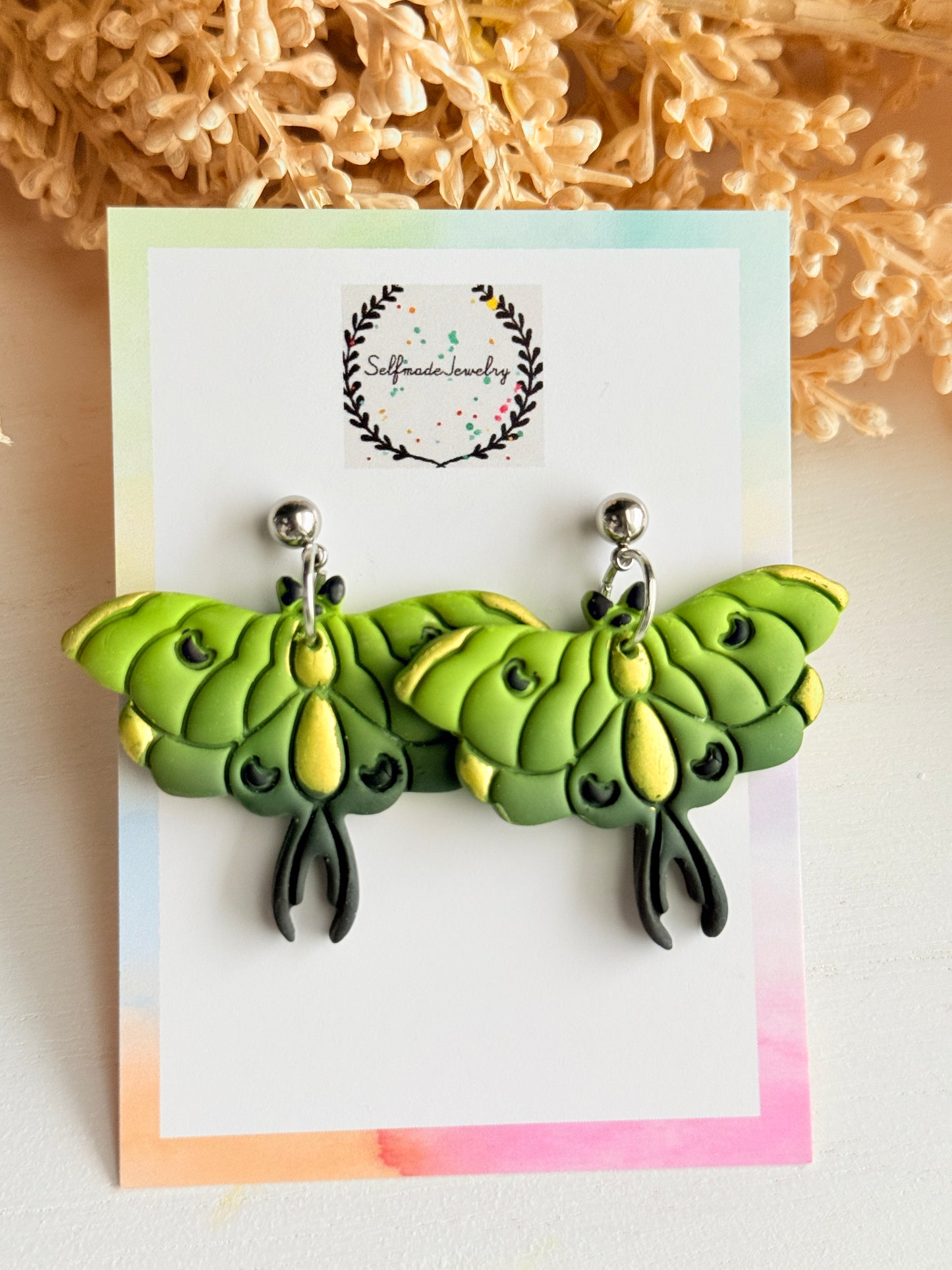 Handmade Polymer Clay Moth Earrings, Nature Inspired Dangles, Green Orange Blue White Statement Jewelry