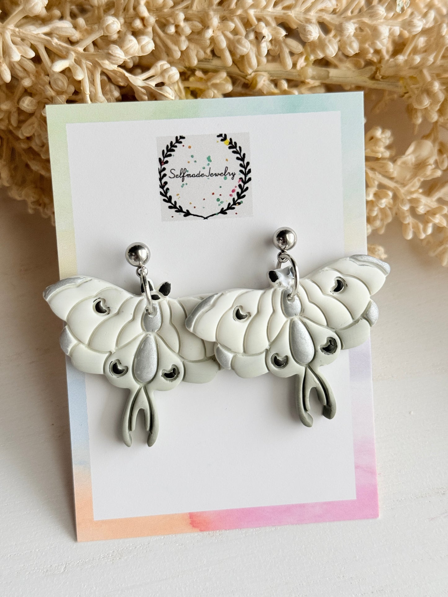 Handmade Polymer Clay Moth Earrings, Nature Inspired Dangles, Green Orange Blue White Statement Jewelry