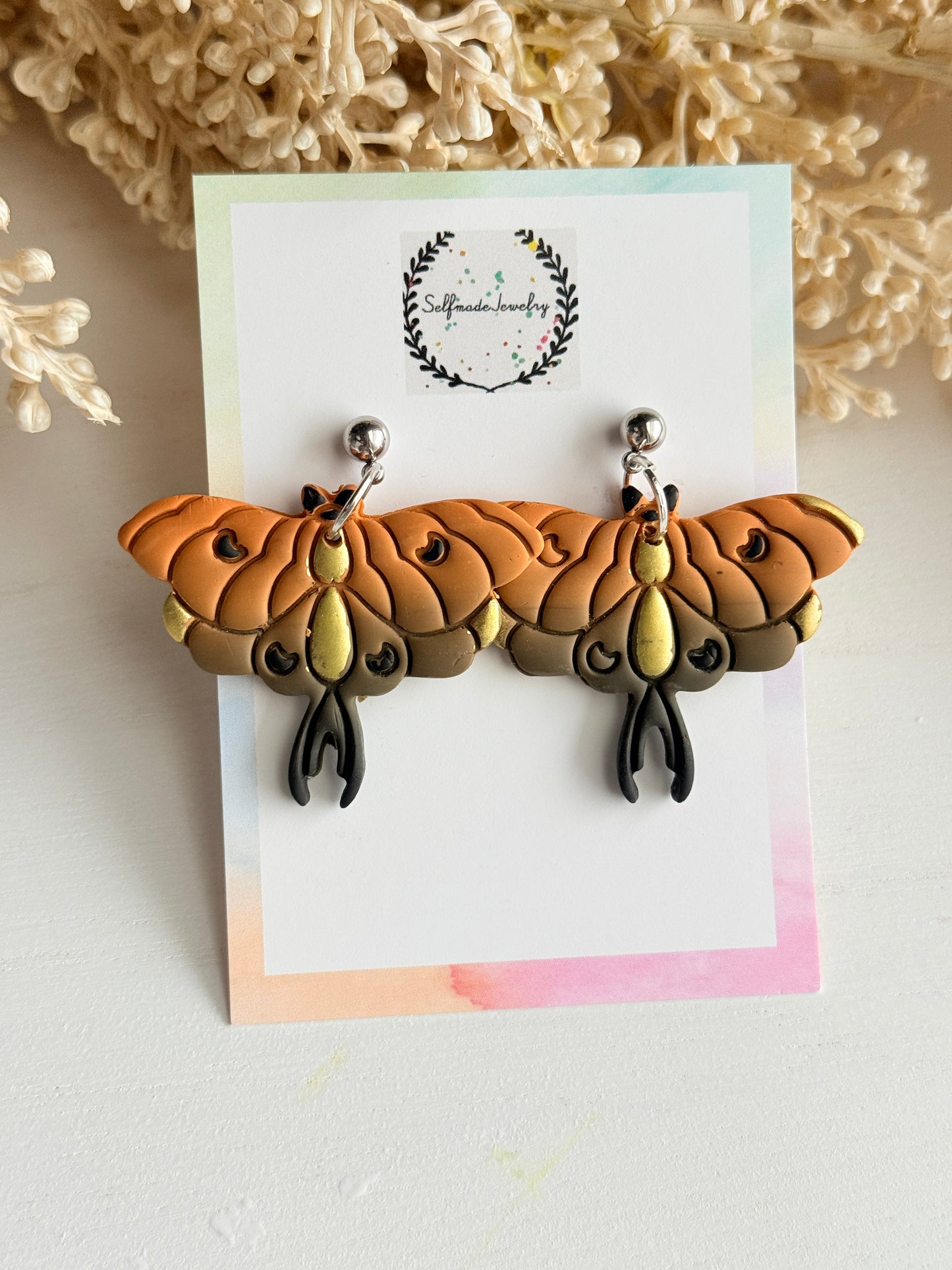 Handmade Polymer Clay Moth Earrings, Nature Inspired Dangles, Green Orange Blue White Statement Jewelry