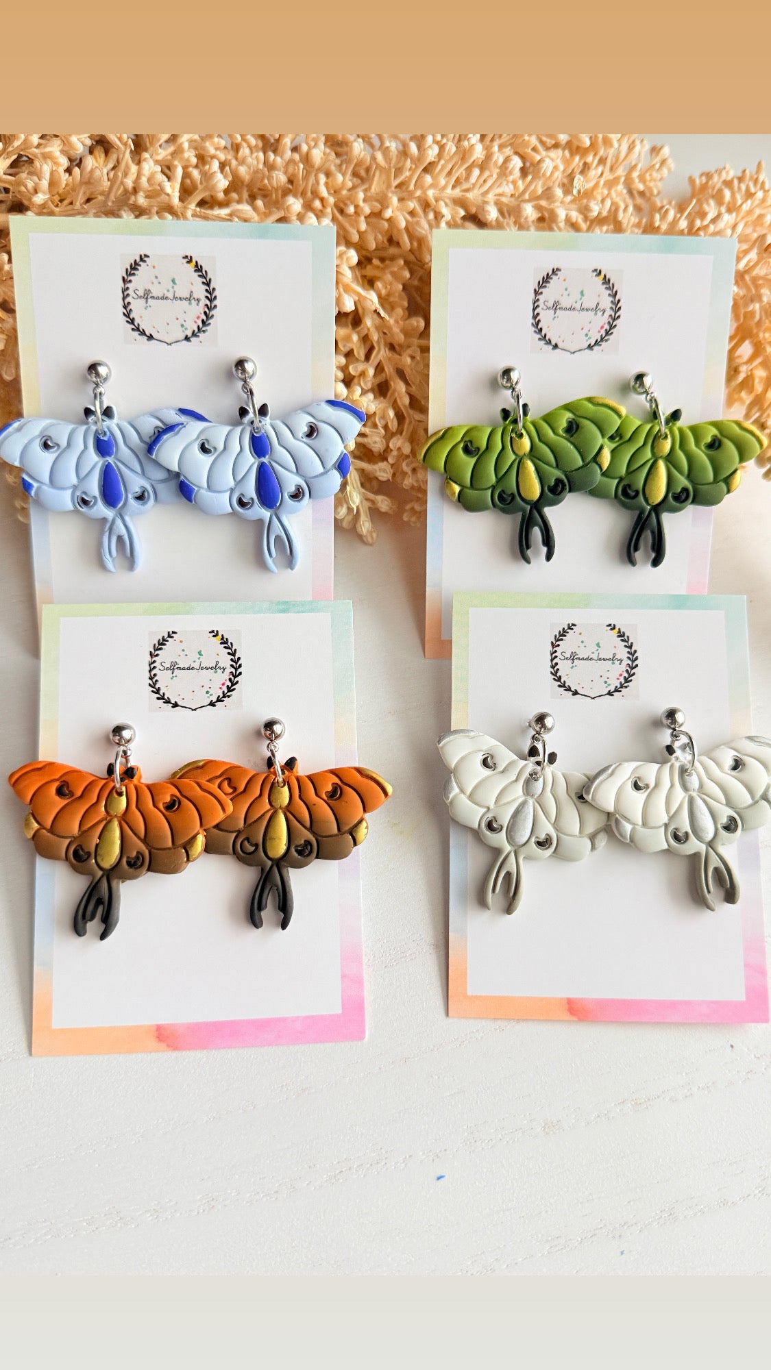 Handmade Polymer Clay Moth Earrings, Nature Inspired Dangles, Green Orange Blue White Statement Jewelry